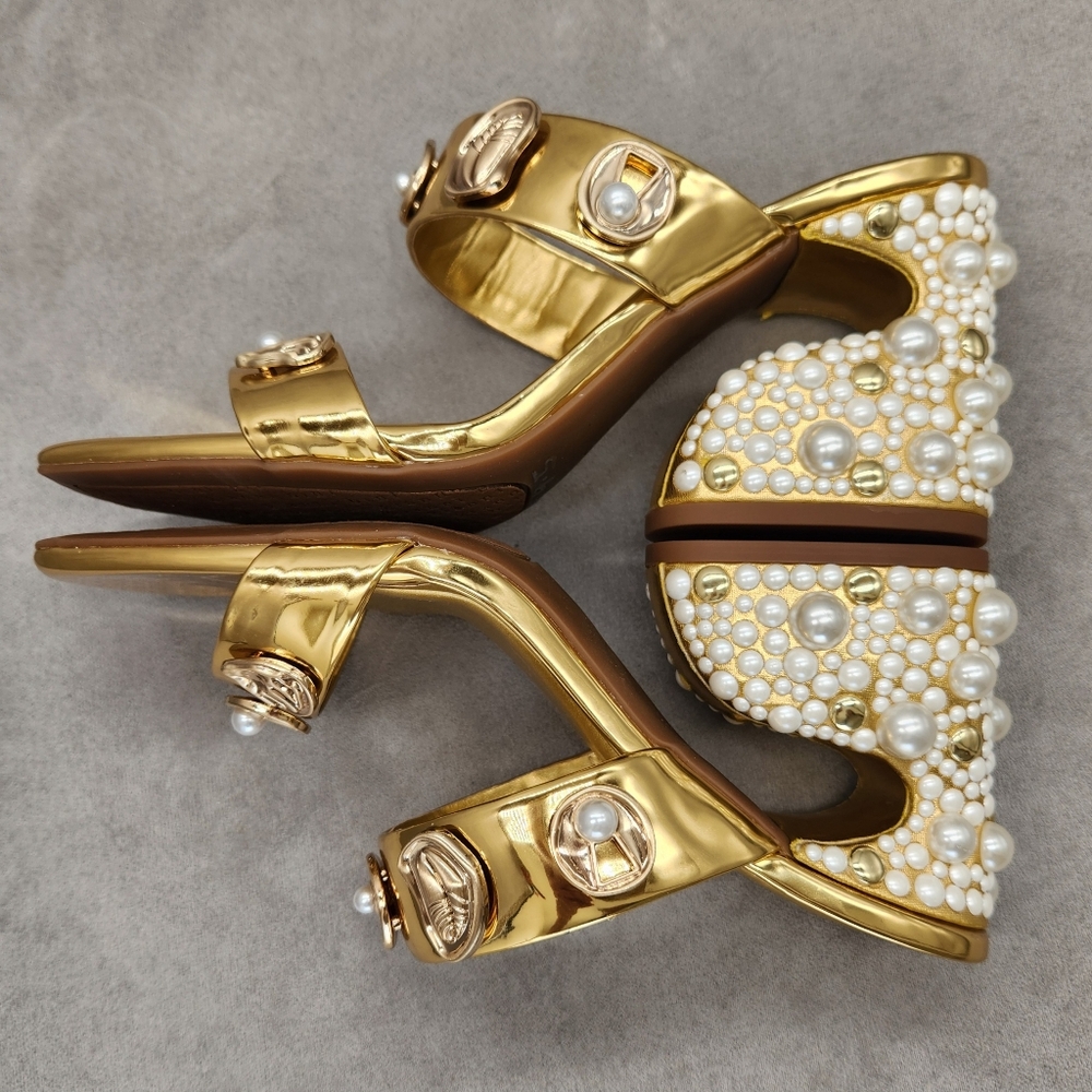 Gianni Bini Dress Sandals 9.5 Gold Penei Architectural Chunky Jewel Heel New$150 - Picture 3 of 17